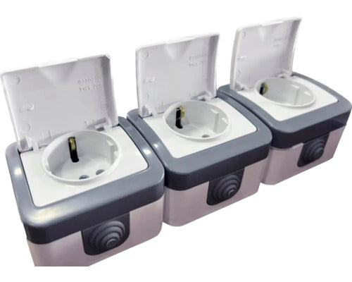 Priza Tripla Cu Impamantare Gelux Gri, Capac De Protectie, Montaj Aplicat