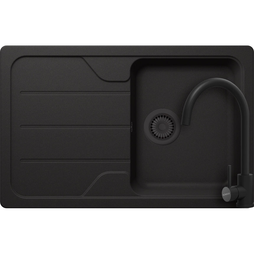Kit chiuveta bucatarie Schock Formhaus D-100S 780 x 500 mm Cristalite Nero cu parti vizibile negru si baterie Schock Prima negru
