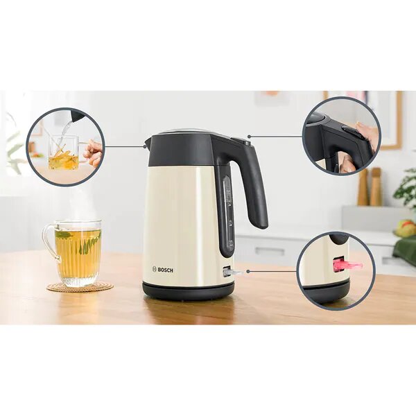 Fierbator apa Bosch TWK7L464, 2400 W, 1,7 L, indicator pentru numarul de cesti, oprire automata, bej
