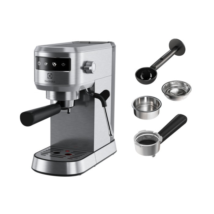 Espressor manual Electrolux Explore 6 E6EC1-6ST, 1400W, 15 bar, 1l, suport incalzit pentru cesti, selector frontal digital, tehnologie Thermo-Block pentru incalzire rapida, auto-shot volume Control, optiune apa fierbinte, notificare decalcifiere, inox