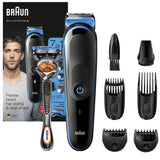 Aparat de tuns multifunctional Braun MGK3245 Wet&Dry. 7-in-1 pentru fata si corp. 4 piepteni. 1 accesoriu extra. Aparat de ras Gillette. Negru/Albastru