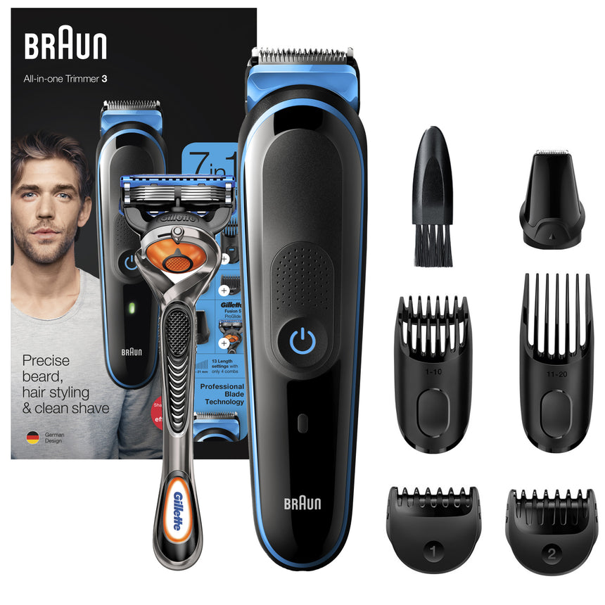 Aparat de tuns multifunctional Braun MGK3245 Wet&Dry. 7-in-1 pentru fata si corp. 4 piepteni. 1 accesoriu extra. Aparat de ras Gillette. Negru/Albastru