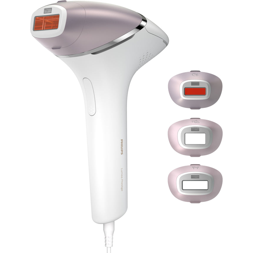 Epilator IPL Philips Lumea Seria 8000 BRI947/00, Senzor Smartskin, tehnologie SenseIQ, utilizare cu fir, 450.000 impusuri, accesoriu fata, corp, axila si inghinal, Alb/Roz