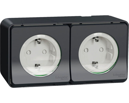 Priza dubla cu impamantare Schneider Mureva MUR80006, montaj aplicat orizontal, IP55, Gri