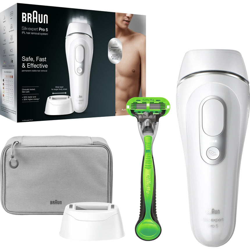 Epilator IPL Braun Silk-expert PRO 5 PL5115, pentru barbati, SensoAdapt™, 400.000 impulsuri, 10 niveluri de intensitate, corp, cap extra lat, aparat de ras Gillette, Trusa de calatorie, Alb