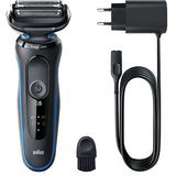 Aparat de ras electric Braun 50-B1000s umed si uscat, baterie Li-Ion, 3 unitati de taiere flexibile, rezistent la apa, albastru