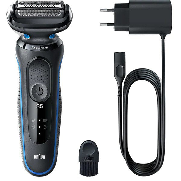 Aparat de ras electric Braun 50-B1000s umed si uscat, baterie Li-Ion, 3 unitati de taiere flexibile, rezistent la apa, albastru