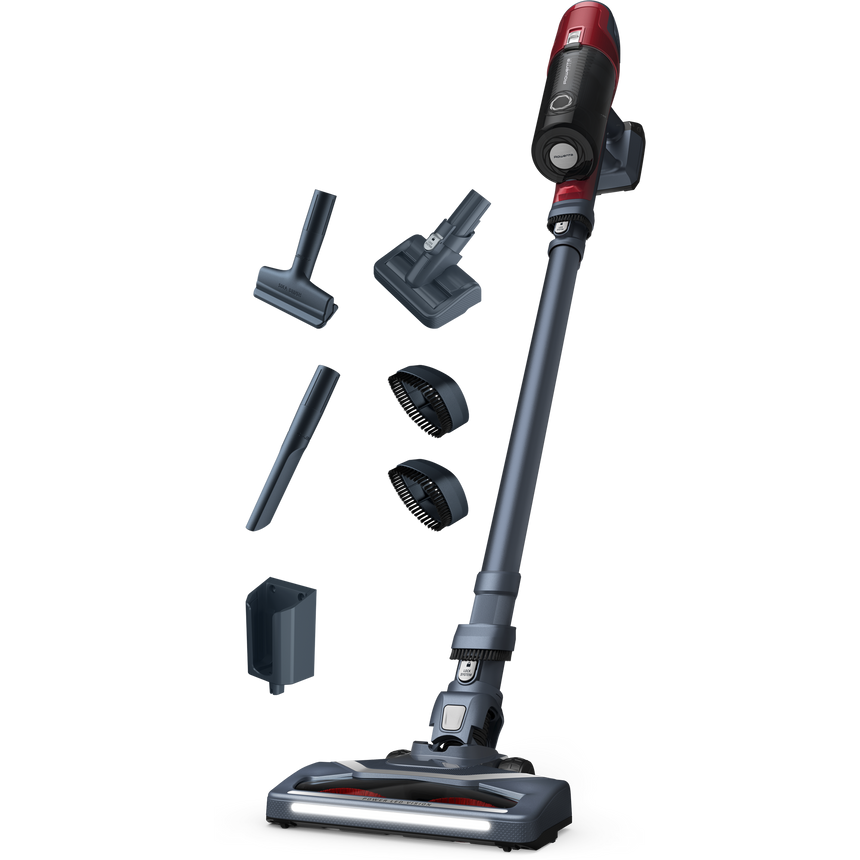 Aspirator vertical fara fir Rowenta X-Pert 6.60 Animal Care RH6878WO, 100W, 18V, autonomie 45 min, filtrare 94%, perie cu iluminare LED, recipient praf 0.55 L, accesorii animal care, functie boost, rosu & gri