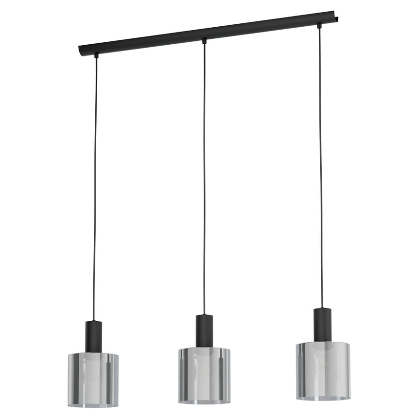 Pendul GOROSIBA, EGLO, E27, 3x40W, otel, sticla aburita, negru transparent, 110 x 85 x 15 cm, inaltime reglabila