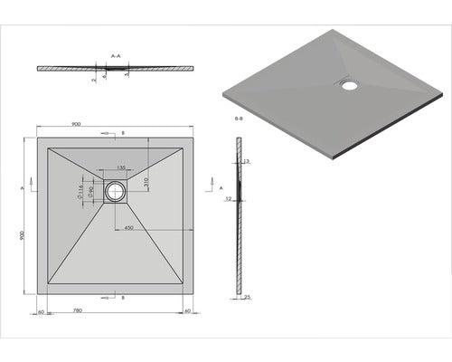 Cadita de Dus Patrata Sanotechnik Kreta, 90x90x3,2 cm, Marmura Artificiala, 50010, Gri