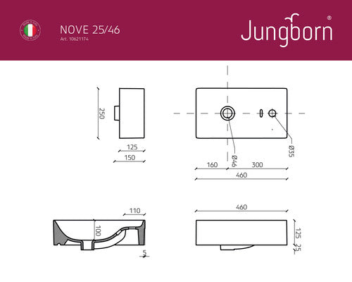 Lavoar de dimensiuni mici Jungborn Nove, baterie pe dreapta, 25x51 cm, alb lucios