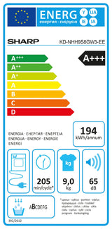 Uscator de rufe SHARP KD-NHH9S8GW3-EE, Pompa de caldura, Motor Inverter, 9 kg, 15 programe, Clasa A+++, Alb
