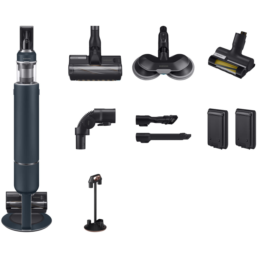 Aspirator vertical Samsung Bespoke Jet One Pro Extra, VS20A95973B/GE, 0.5L, Statie coletare praf 2L, 25.2V, 580W, Digital Inverter, Filtrare 99.99% , Display LCD, Perie covoare, Perie Mop Spray, Perie Pet, Autonomie 120 min, Albastru