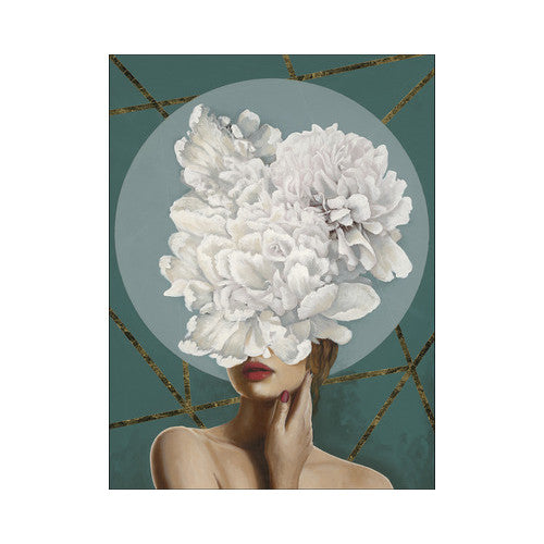 Tablou canvas flowers on her face, fundal verde, 57x77 cm