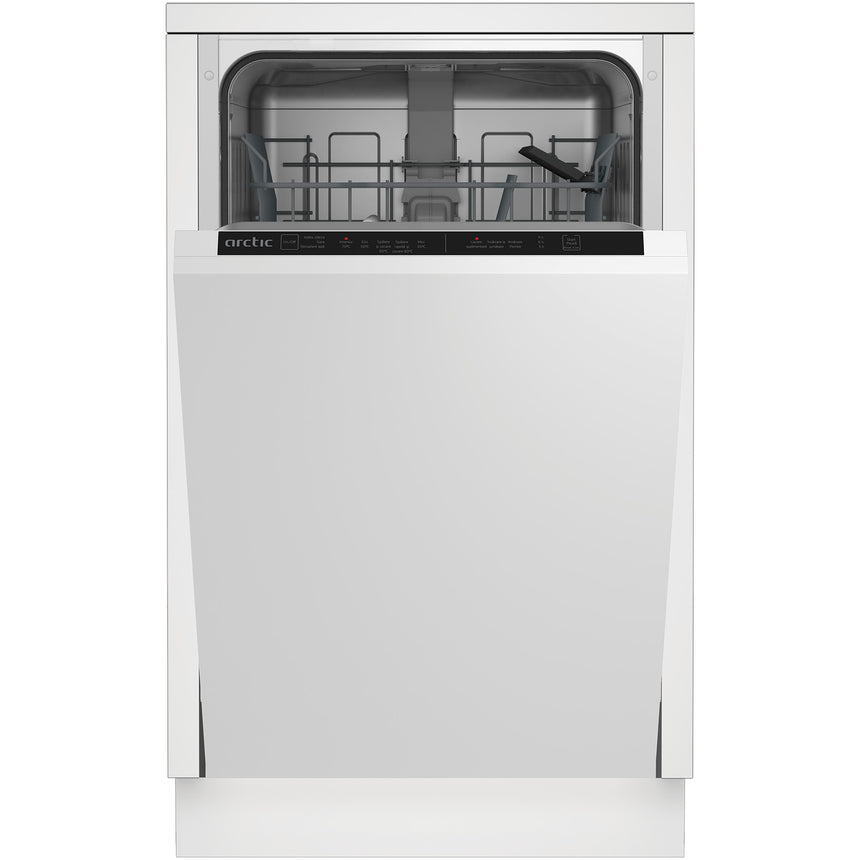 Masina de spalat vase incorporabila Slim Arctic DIS1502, 10 seturi, 5 programe, Clasa E, Sistem dedurizare ape, Aqua Protect, Amanare pornire, 45 cm