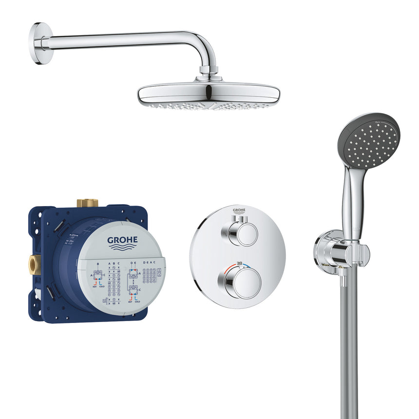 Sistem de dus Grohe Precision Trend 34733002, 1/2'', incastrat, termostat, 210 mm, 1 pulverizare, 1.5 m, anti-calcar, crom