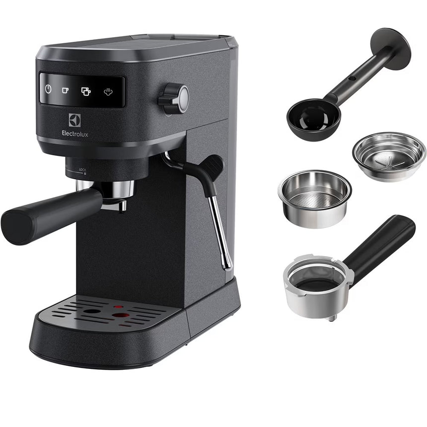 Espressor manual Electrolux Explore 6 E6EC1-B6ST, 1400W, 15 bar, 1l, suport incalzit pentru cesti, tehnologie Thermo-Block pentru incalzire rapida, Auto-Shot Volume Control, optiune apa fierbinte, notificare decalcifiere, negru