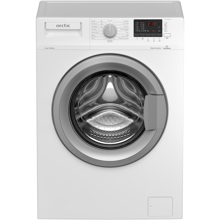 Masina de spalat rufe slim Arctic APL61224XLW3, 6 kg, 1200 rpm, Clasa D, Motor Silent Inverter, ExtraSteam, Aqua Surf, Digital Display, Alb