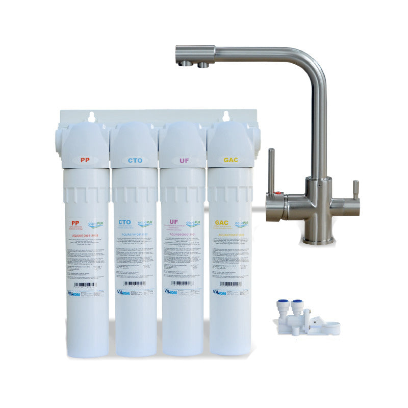 Sistem ultra filtrare cu baterie 3 cai AquaPUR PUR4 UF, 11", baterie inox 3 cai, cartur PP, cartus carbune activ bloc, cartus mebrana UF, cartus carbune activ granular