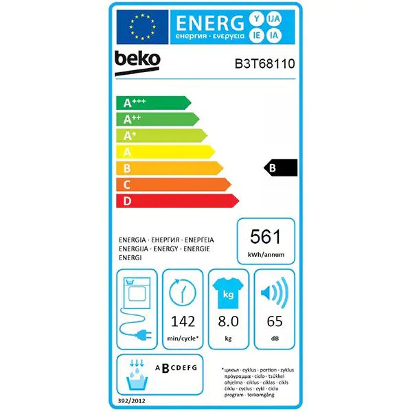 Uscator de rufe Beko B3T68110, Condensare, 8 kg, 15 programe, Clasa B, Optisense, Aquawave, Alb