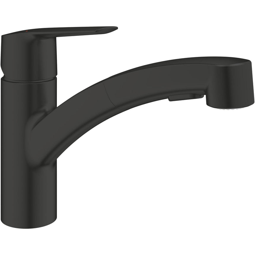 Baterie de bucatarie Grohe Start 303072431, 3/7'', tip L, pipa medie, pivotanta, dus extractabil, mat, Negru