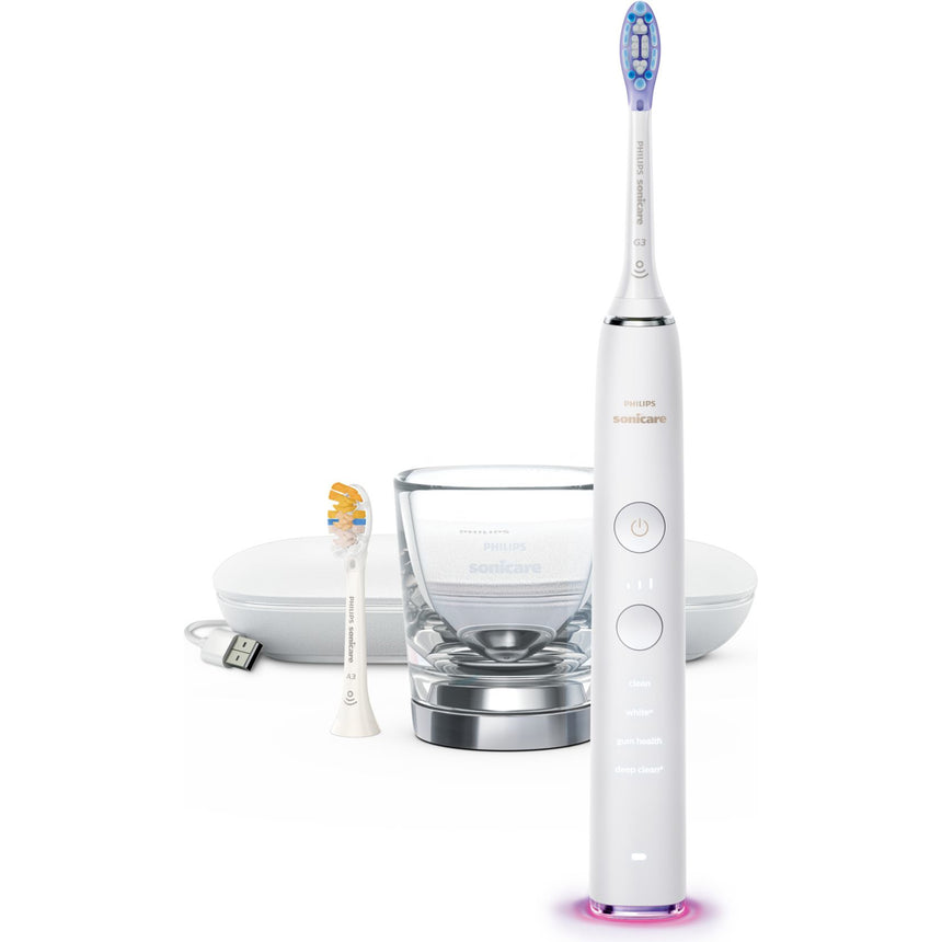 Periuta de dinti sonica electrica Philips Sonicare DiamondClean Smart 9400 HX9917/88, 62000 miscari/minut, 4 moduri de curatare, 3 nivele intensitate, senzor presiune, functia BrushSync, 2 baze cu rol de incarcare, 2 capete de periere, Alb