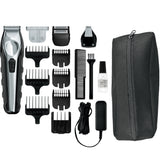 Aparat de tuns parul si barba Wahl 09888-1216, Grooming Kit, alimentare acumulator, 180 minute autonomie, lame din otel, 12 trepte de taiere, 7 capete de ghidare, negru