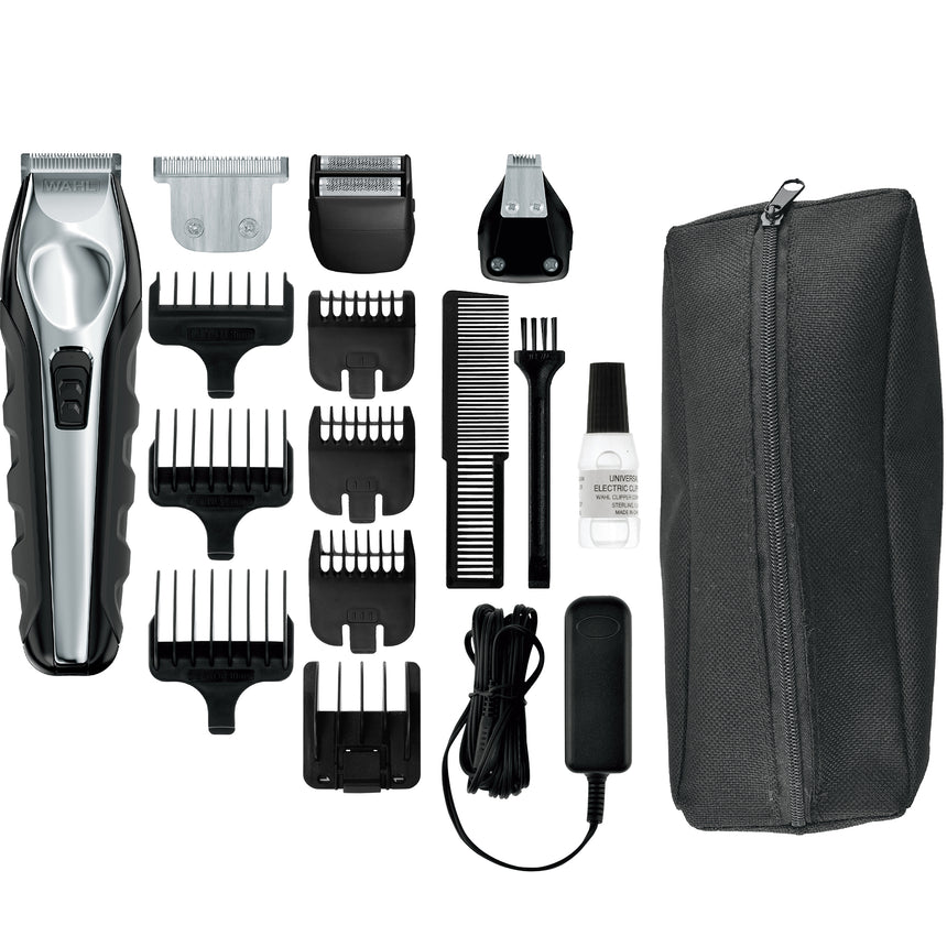 Aparat de tuns parul si barba Wahl 09888-1216, Grooming Kit, alimentare acumulator, 180 minute autonomie, lame din otel, 12 trepte de taiere, 7 capete de ghidare, negru