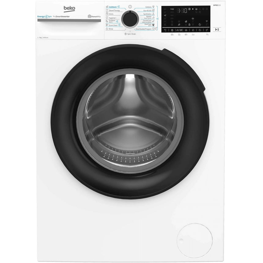 Masina de spalat rufe Slim Beko BM5WFSU67415W,7 kg, 1400 RPM, Clasa A, HomeWhiz prin WiFi, SteamCure, AddXtra, Motor ProSmart Inverter, AddXtra, Alb, usa Piano Black
