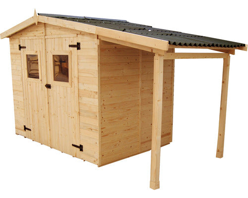 Casuta De Gradina Habrita Cu Podea Si Adapost Lateral Lemn Masiv Rasinoase 370x187 Cm Natur