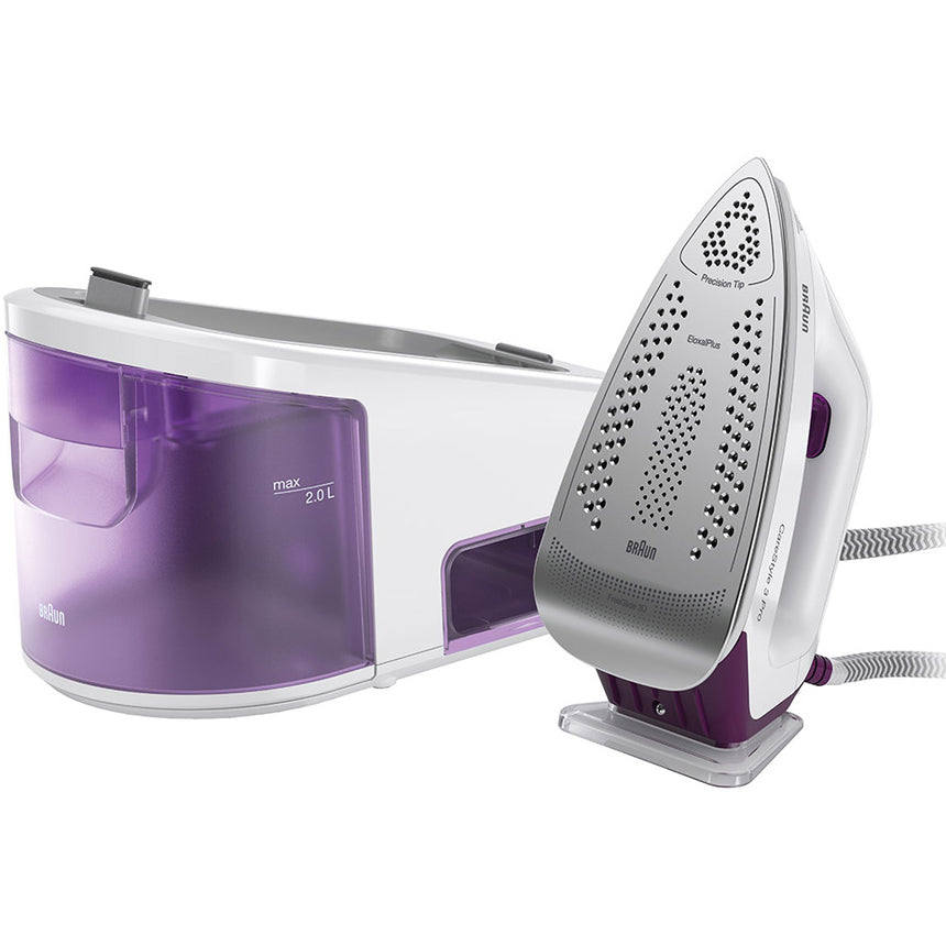 Statie de calcat Braun CareStyle 3 Pro IS3155VI, 2400W, 6,5 bar, abur variabil 125g/min, jet de abur 430g/min, rezervor 2L, talpa EloxalPlus, tehnologie FreeGlide 3D, Alb/Violet