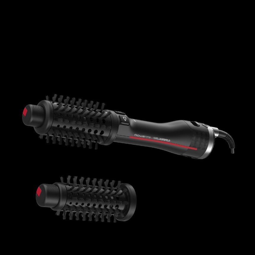 Perie rotativa cu aer cald Rowenta x Karl Lagerfeld Pro Stylist CF961LF0, 750W, tehnologie Pro Dual Motion, generator de ioni, invelis exclusiv Keratin & Glow, cablu 1.8m, negru&rosu