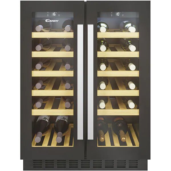 Vitrina de vinuri incorporabia Candy CCVB 60D/1, 38 sticle, H 82 cm, Rafturi lemn, Display, Wi-Fi, 2 zone, Clasa G, Negru
