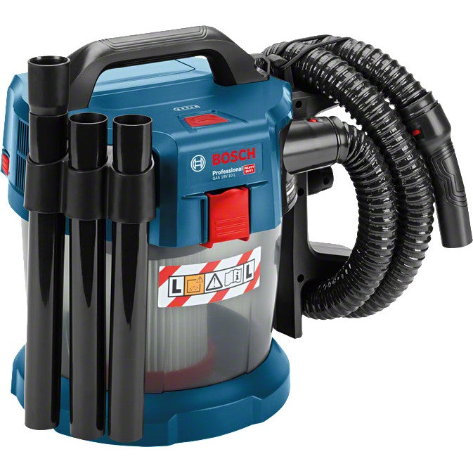 Aspirator pe acumulator Bosch Professional GAS 18V-10 L, 18 V, 115 mbari, 6 l volum recipient, curea de umar, 3 buc tub aspiratie, 1 adaptor scula electrica, furtun 1.6 m, duza rosturi, 4 roti, teava cu cot, filtru burduf praf, duza pardoseli