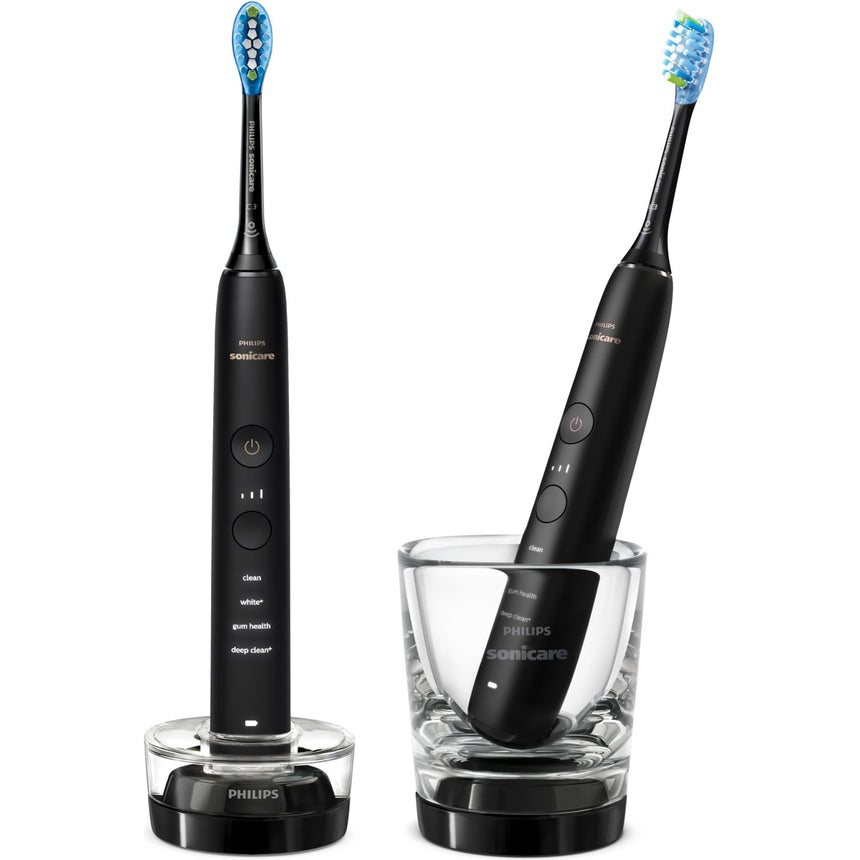 Set 2 periute de dinti electrice sonice Philips Sonicare DiamondClean 9000 HX9914/54, 62000 miscari/minut, 4 moduri de curatare, 3 nivele intensitate, senzor presiune, functia BrushSync, 2 baze de incarcare, 2 capete de periere, aplicatie Sonicare, Negru