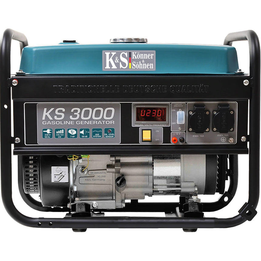 Generator curent electric Könner&Söhnen KS 3000, 7 CP, 3000 W, stabilizator de tensiune (AVR), easy start, 2 x 230 V, 1 x 12 V, protectie suprasarcina, 15 h autonomie maxima, benzina