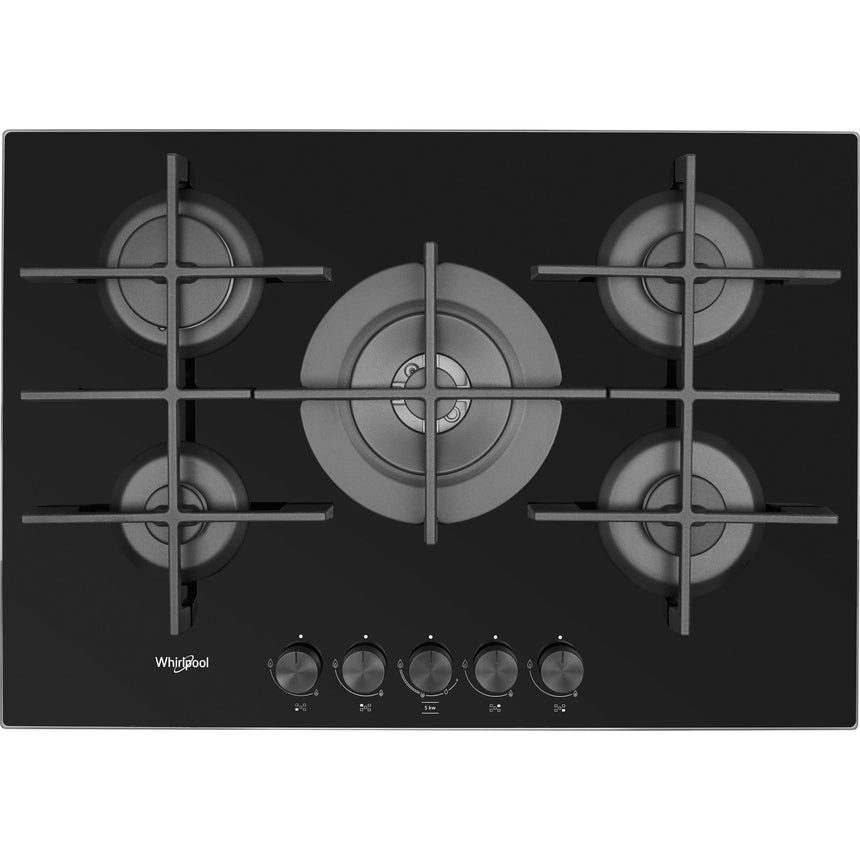 Plita incorporabila Whirlpool GOWL728NB, Gaz, 5 arzatoare, Gratare fonta, MultiStep, 73 cm, Negru