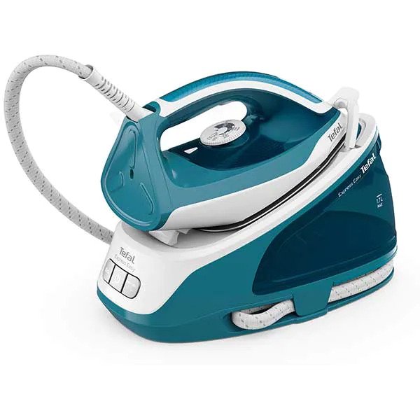 Statie de calcat Tefal Express Essential SV6131E0, 2200W, 5.8 bari, jet de aburi 350 g/min, abur variabil 0-120 g/min, capacitate rezervor detasabil 1.7L, mod Eco, Talpa Ceramic Xpress Glide, alb/albastru