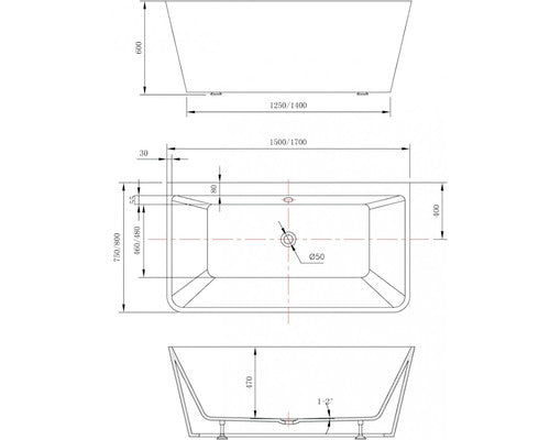 Cada Baie Dreptunghiulara Freestanding Linea Wall, Acril, 170x80 cm, 350 l, Alb