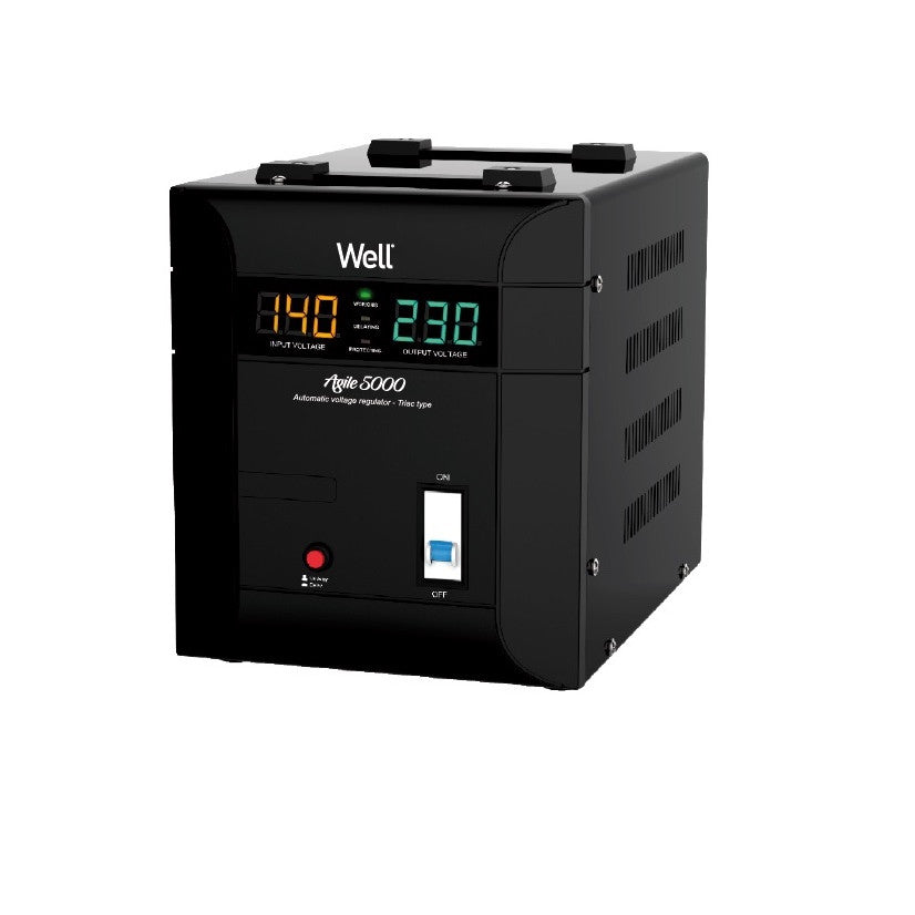 Stabilizator automat de tensiune Well Agile 5000VA, 140V~250V, 45Hz~65Hz, ensiune scazuta la iesire, Supratensiune, Supraincalzire, Scurt Circuit, IP20