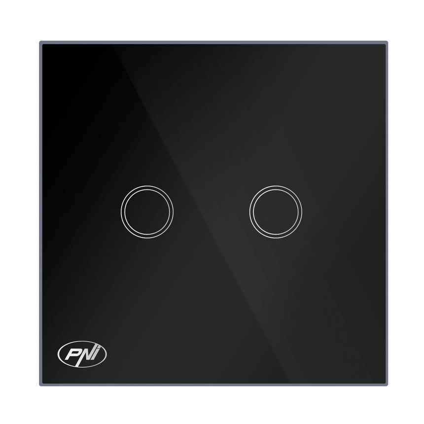 Intrerupator dublu cu touch PNI SH222, cu LED indicator, 10A, 2X200W, Sticla, Negru