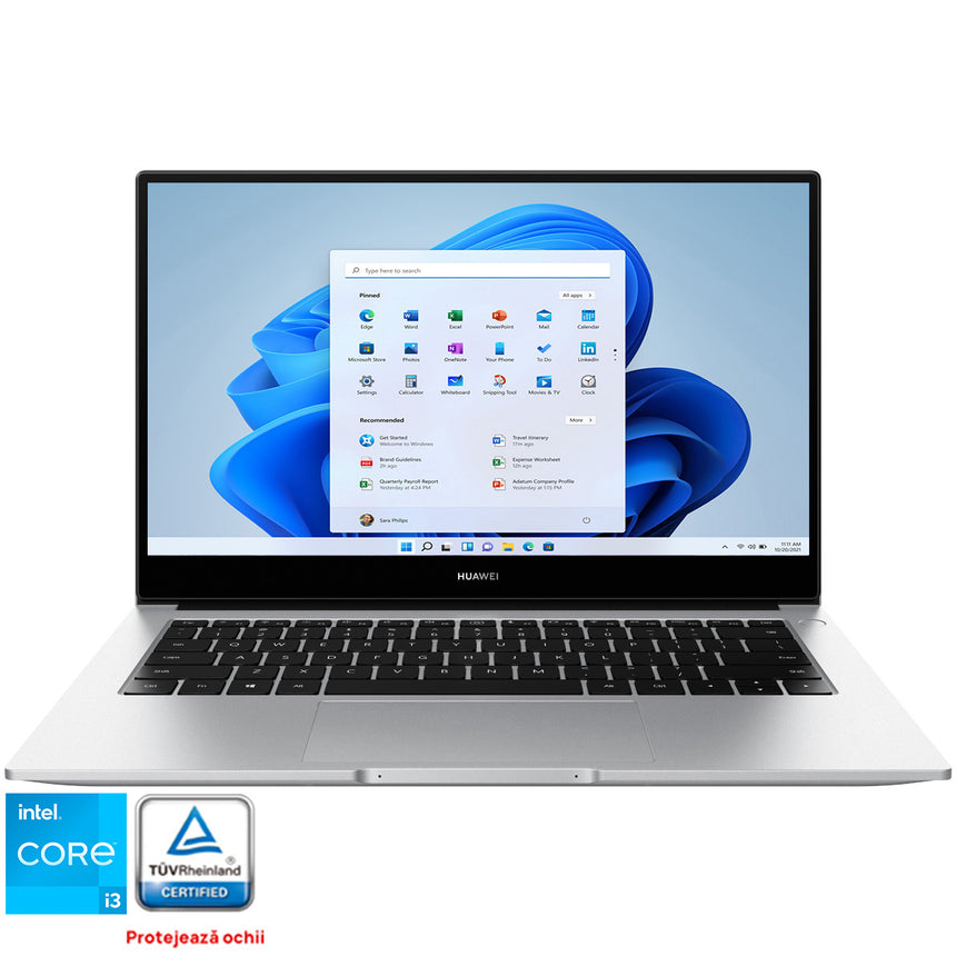 Laptop ultraportabil Huawei MateBook D14 cu procesor Intel® Core™ i3-1115G4 pana la 4.10 GHz, 14", Full HD, 8GB, 256GB SSD, Intel® UHD Graphics, Windows 11 Home, Space Gray
