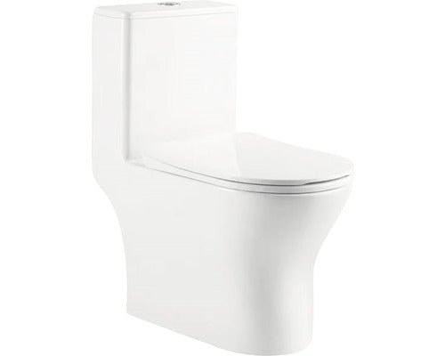 Set vas WC rimless pe pardoseala, include rezervor si capac WC soft close, alb lucios