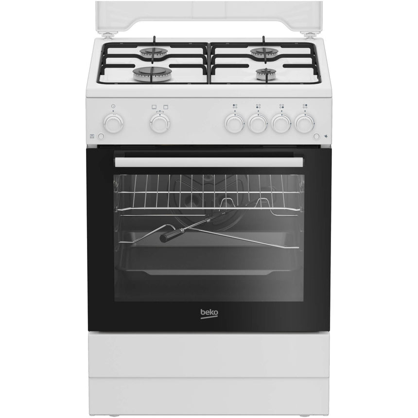 Aragaz Beko FBGT62110GWO, Gaz, 4 arzatoare, Safety Plus, Timer, Aprindere electrica plita/cuptor, Grill gaz, Arzatoare cu eficienta ridicata, 60 cm, Alb