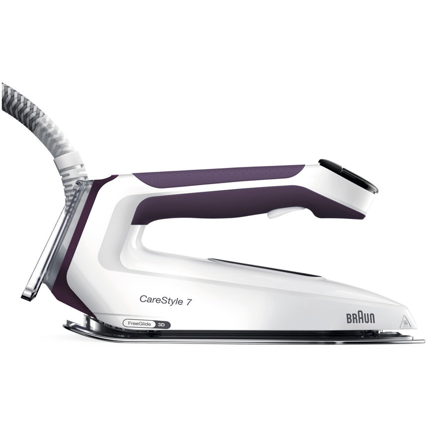 Statie de calcat Braun CareStyle 7 IS7266VI, 2700W, 7.5 bari, abur variabil 160g/min, jet de abur 550g/min, rezervor detasabil 2L, tehnologie iCare, tehnologie FreeGlide, talpa EloxalPlus, sistem decalcifiere Ultimate FastClean, oprire automata, violet