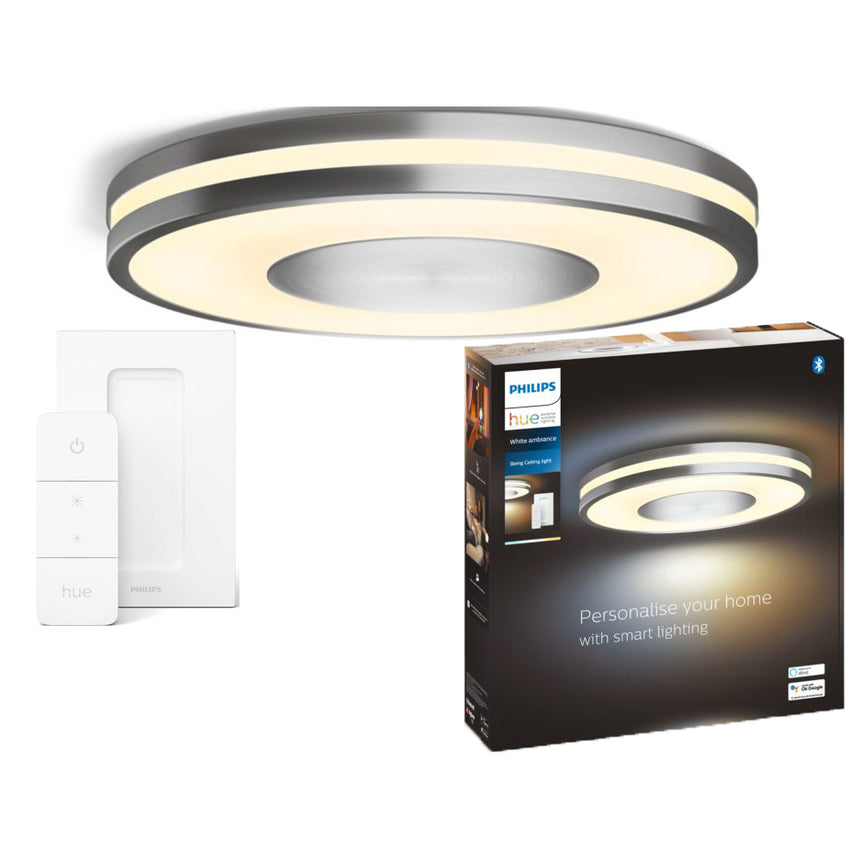 Plafoniera LED inteligenta Philips Hue Being, Bluetooth, ZigBee Light Link, 22.5W (204W), 2500 lm, lumina ambianta alba (2200-6500K), 34.8cm, metal/plastic, Argintiu, Intrerupator cu variator inclus, clasa energetica F
