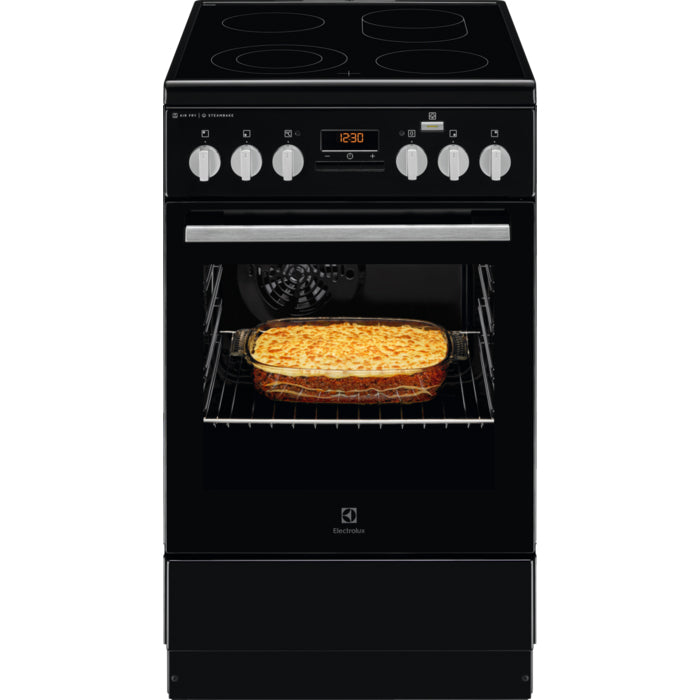 Aragaz Electrolux LKR564200K, Electric, 4 zone de gatit, Timer, 58 l, Autocuratare catalitica, Iluminare cuptor, SteamBake, AirFry, Grill, Clasa A, Negru