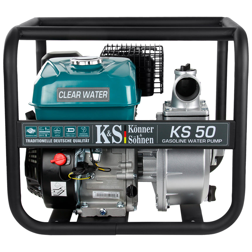 Motopompa pentru apa curata Könner&Söhnen KS 50, 6.5 CP, 500 l/min debit maxim, 3600 RPM, 28 m inaltime maxima refulare, 7 m adancime maxima absorbtie , carcasa din aluminiu, 3.6 l benzina