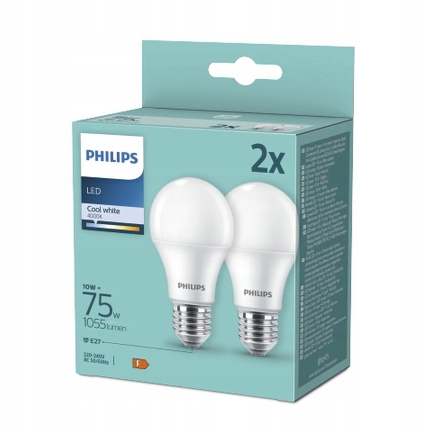 Pachet 2 becuri LED Philips, A60, E27, 10W (75W), 1055 lm, lumina neutra (4000K), Clasa energetica F