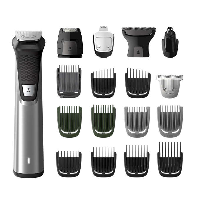 Aparat de tuns barba si parul 18 in 1 Philips Multigroom MG7770/15, Lame cu ascutire, Tehnologie DualCut, acumulator, 11 piepteni par fata, corp si cap, rezistent la dus, carcasa pentru depozitare, Argintiu